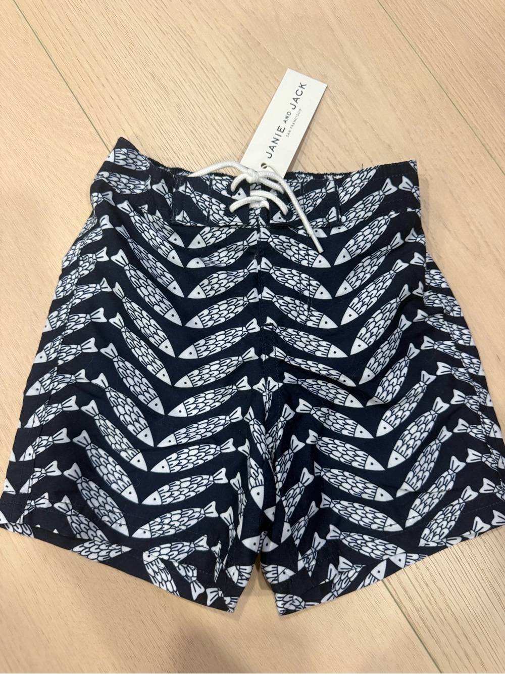 NWT Janie and Jack Navy and White Fish-Pattern Swim Trunks | 12-18 Months